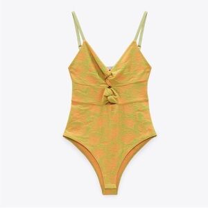 Zara Cut-Out Jacquard Bodysuit Sleeveless Orange Size Medium New with Tags
